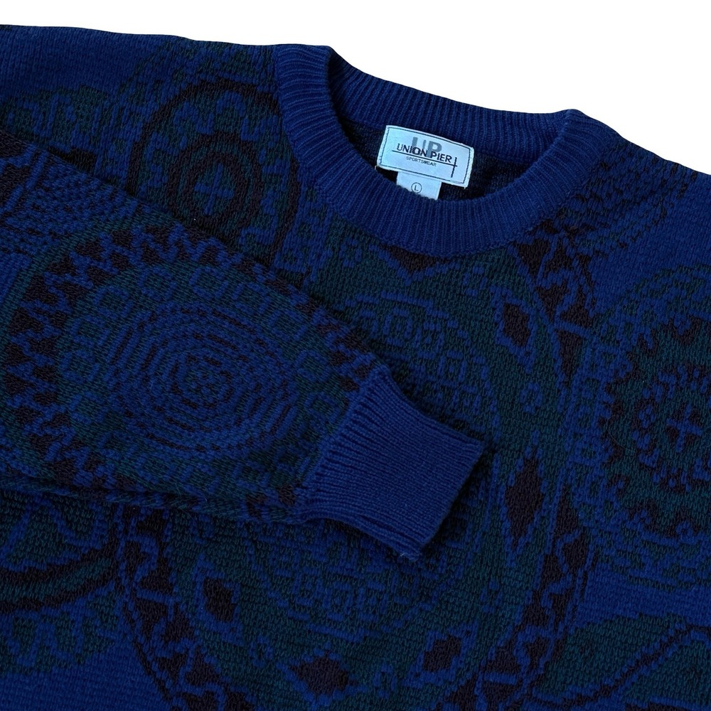 Vintage 90s Union Pier Men’s Blue Green Knit Patterned Crewneck Sweater